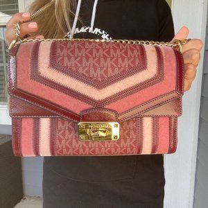 Micael Kors Fall Collection Bag Dark Red Monogram Velvet Gold Chain Crossbody